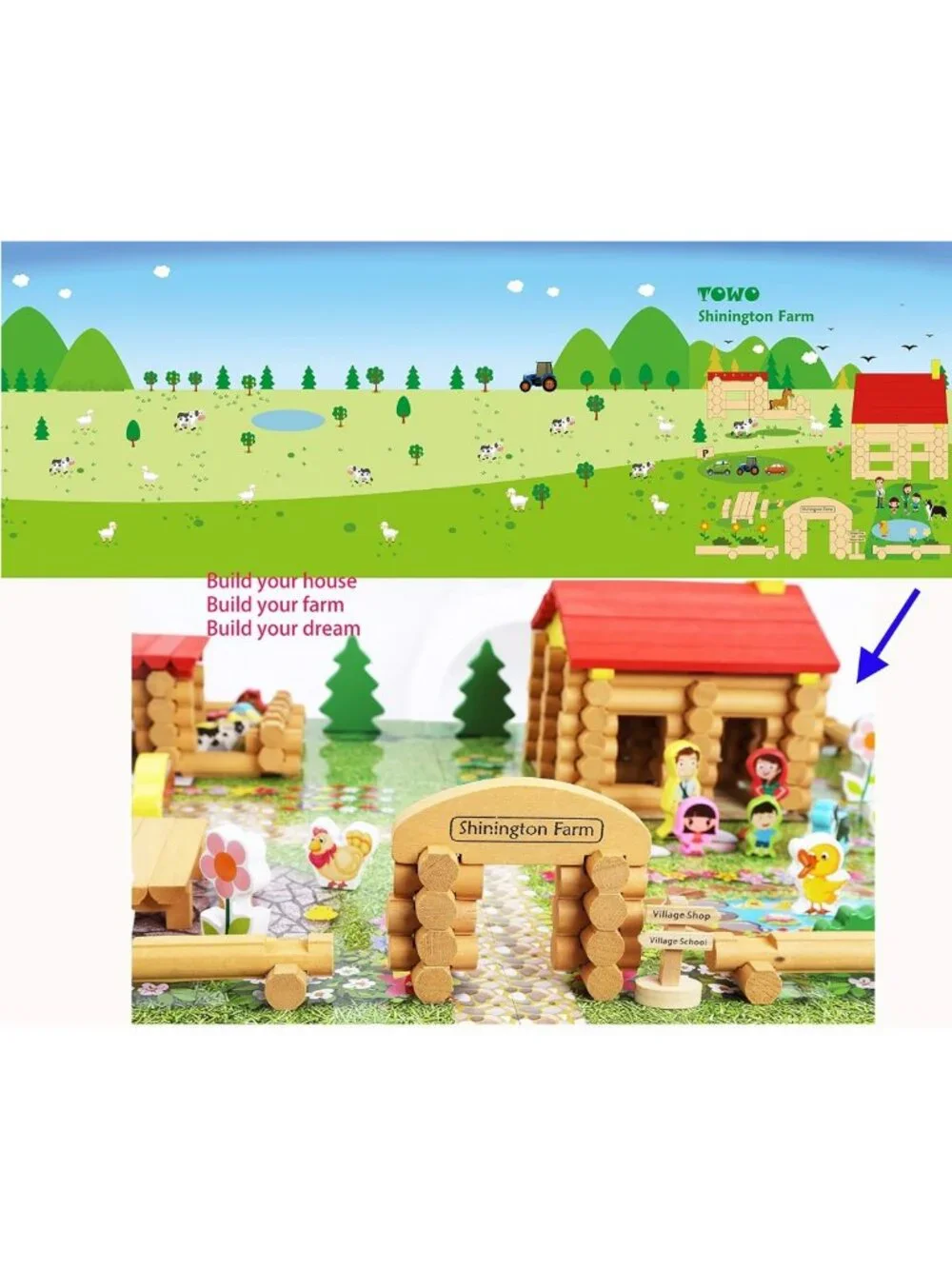 Wooden Log Building Set - 207-Piece Farmhouse Construction Toy for Kids